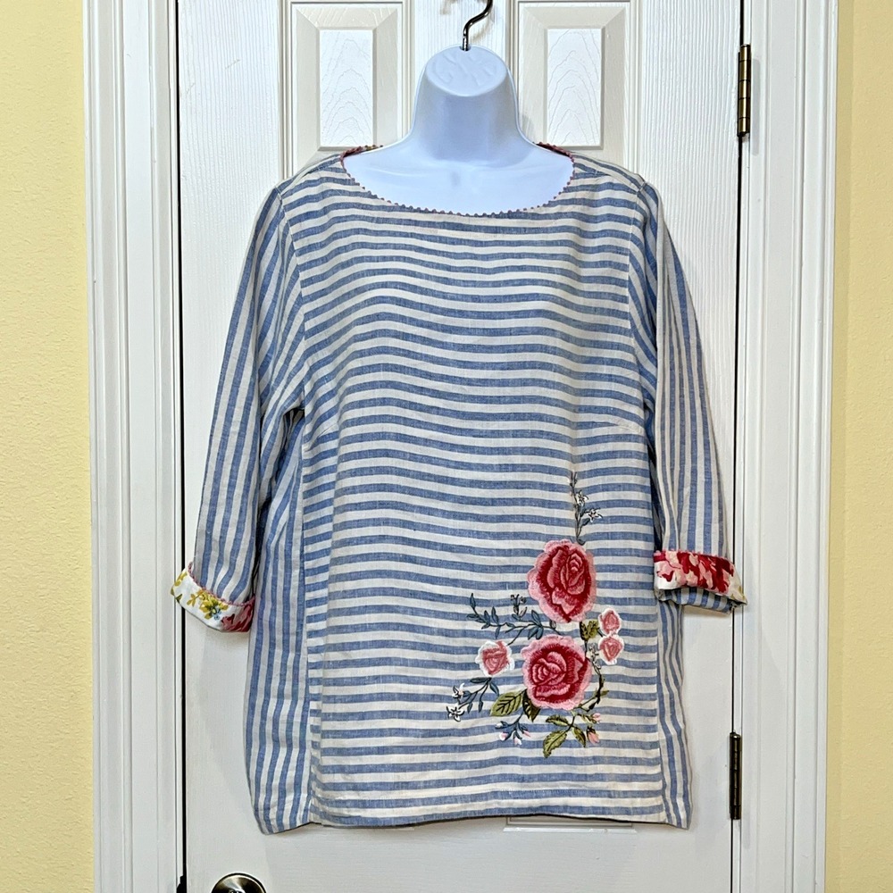 J. Jill Love Linen Floral Embroidered Striped Top Blouse Sz L Boho Coastal Beach